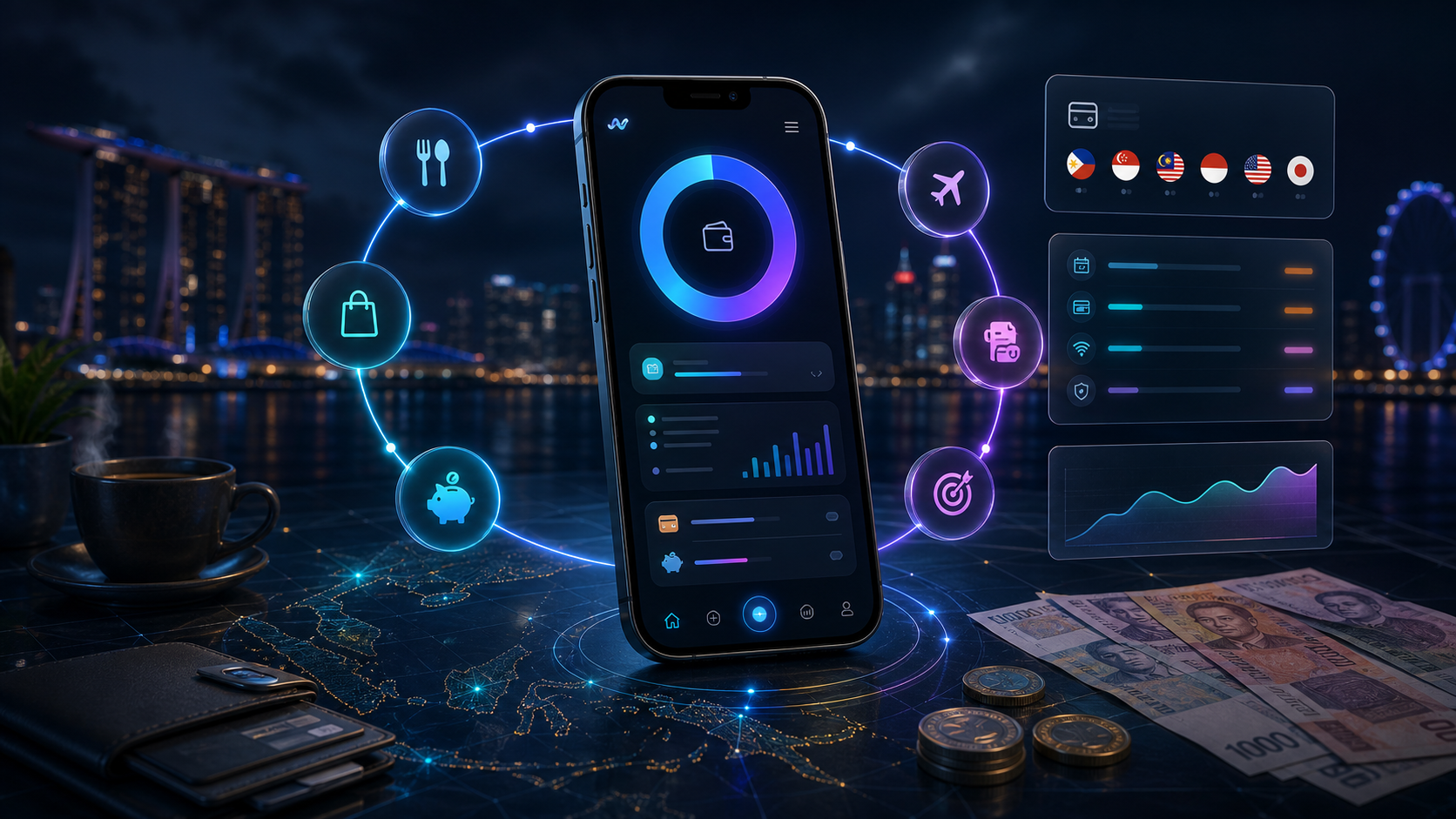 Tack daily allowance dashboard with orbiting category icons over Marina Bay skyline